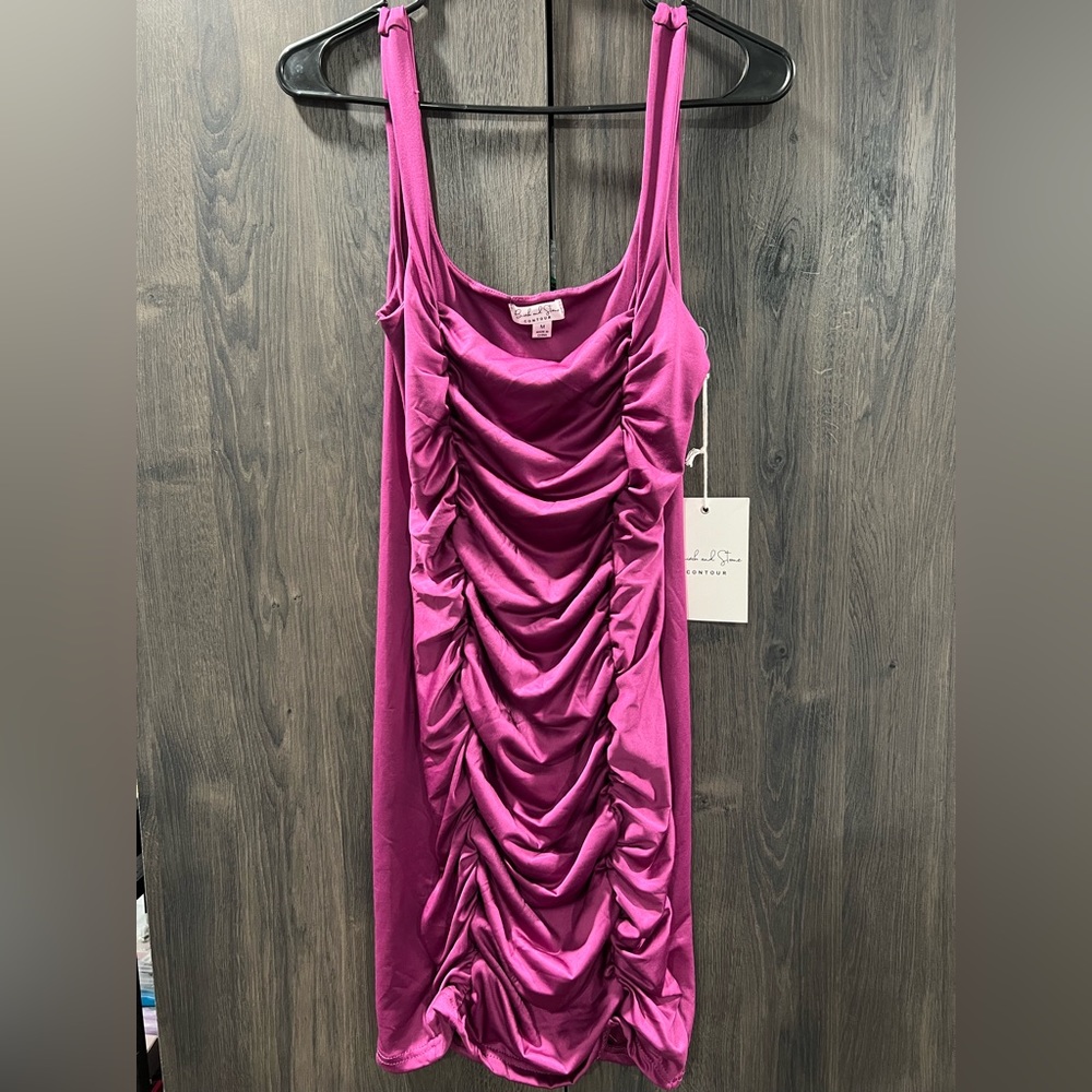 Birch & Stone Women’s purple front scrunched body con mini dress Size Medium NWT
